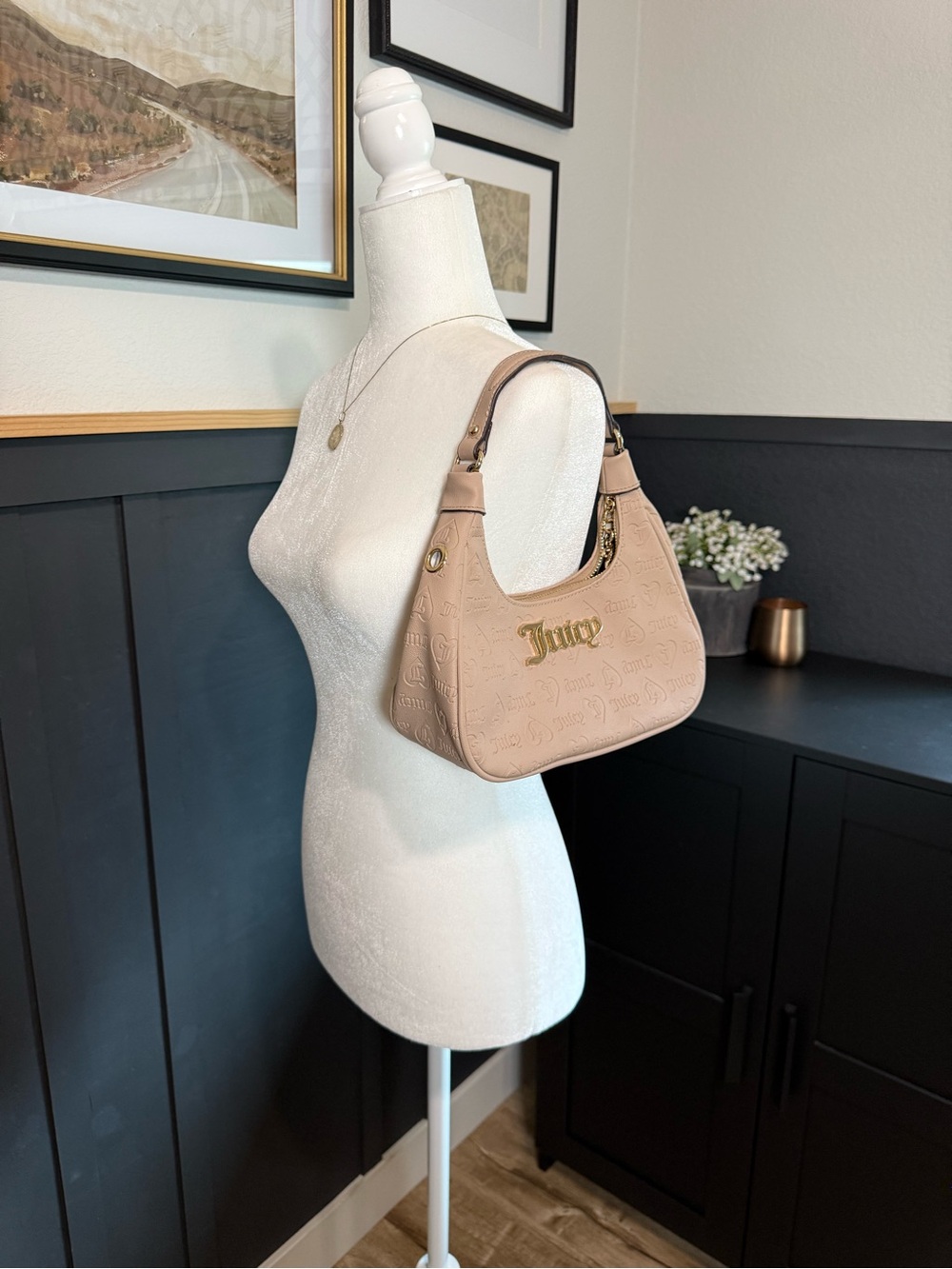 Juicy Couture Embossed Taupe Shoulder Bag with Gold Logo